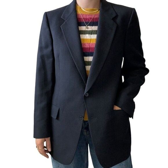 Vintage Christian Dior Unisex Navy Pin Stripe 100% Wool Sport Coat Blazer 40R - Picture 1 of 11